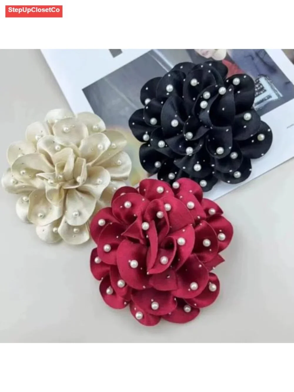 Handmade Silk Satin Flower Brooch Pin Pearl Camellia Brooch for Women Dress